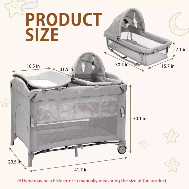 Acekool 5-in-1 Pack and Play Bedside Sleeper with Bassinet, Diaper Changer & Toy, Portable Crib Playard for Newborn to Toddler, Grey