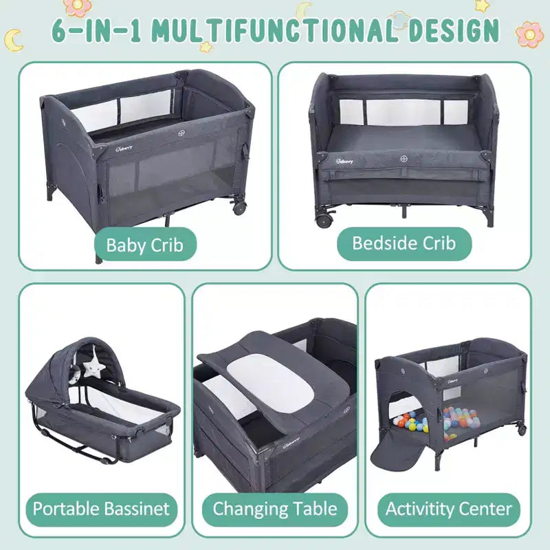 Acekool 5-in-1 Pack and Play Bedside Sleeper with Bassinet, Diaper Changer & Toy, Portable Crib Playard for Newborn to Toddler, Grey