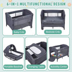 Acekool 5-in-1 Pack and Play Bedside Sleeper with Bassinet, Diaper Changer & Toy, Portable Crib Playard for Newborn to Toddler, Grey