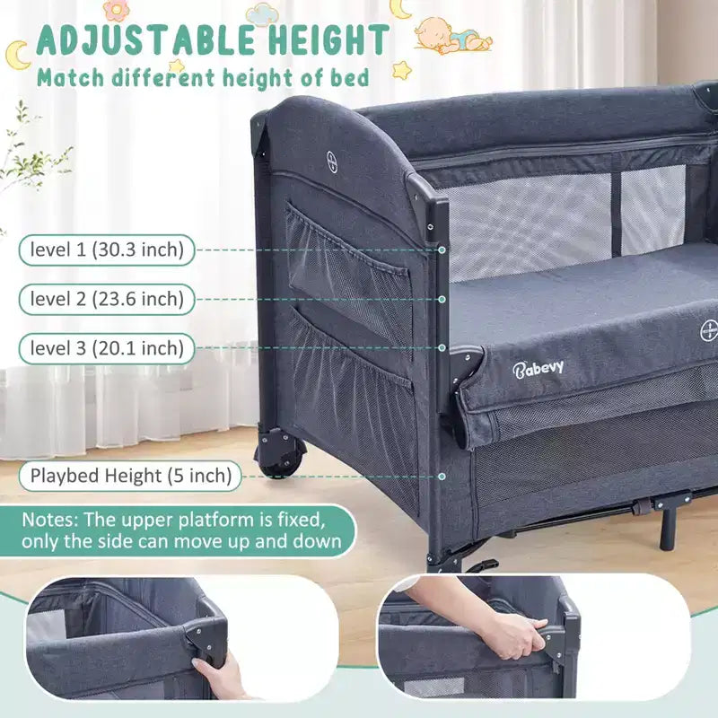 Acekool 5-in-1 Pack and Play Bedside Sleeper with Bassinet, Diaper Changer & Toy, Portable Crib Playard for Newborn to Toddler, Grey