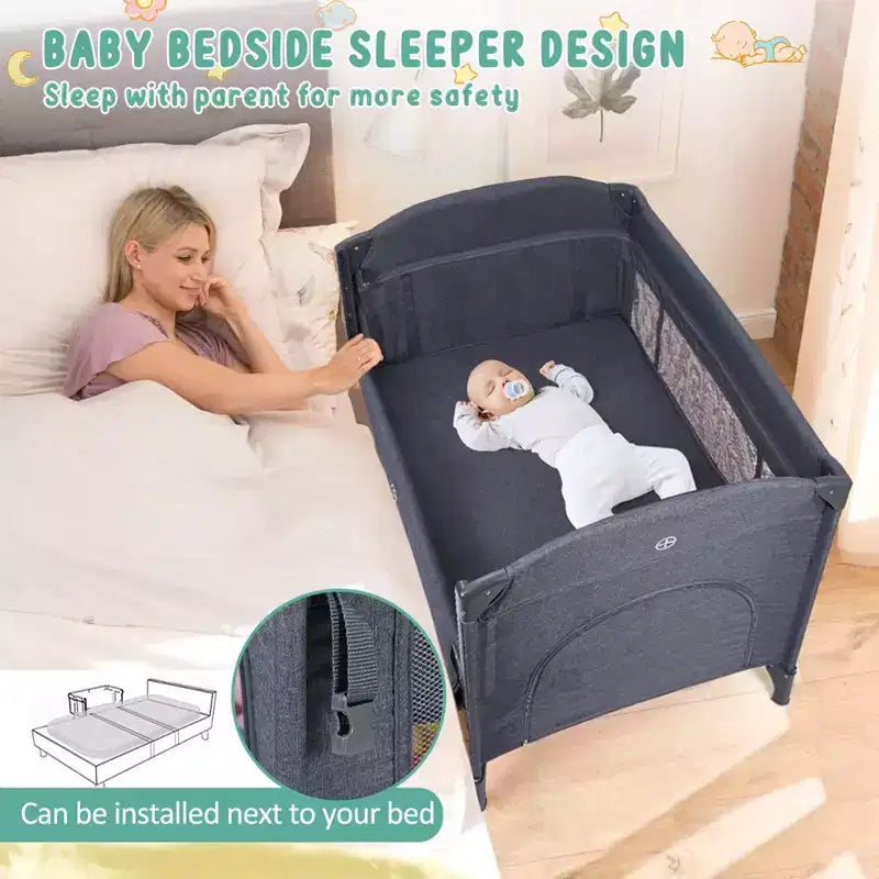 Acekool 5-in-1 Pack and Play Bedside Sleeper with Bassinet, Diaper Changer & Toy, Portable Crib Playard for Newborn to Toddler, Grey