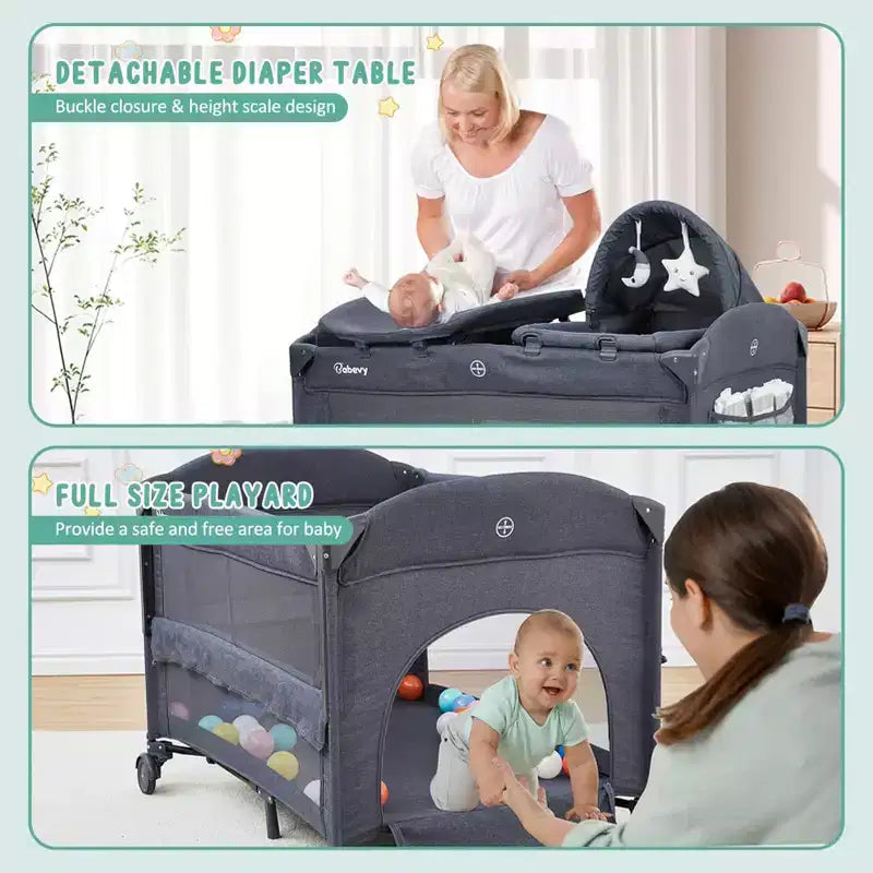 Acekool 5-in-1 Pack and Play Bedside Sleeper with Bassinet, Diaper Changer & Toy, Portable Crib Playard for Newborn to Toddler, Grey