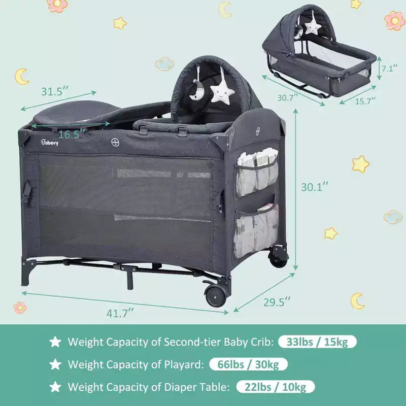 Acekool 5-in-1 Pack and Play Bedside Sleeper with Bassinet, Diaper Changer & Toy, Portable Crib Playard for Newborn to Toddler, Grey