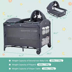 Acekool 5-in-1 Pack and Play Bedside Sleeper with Bassinet, Diaper Changer & Toy, Portable Crib Playard for Newborn to Toddler, Grey