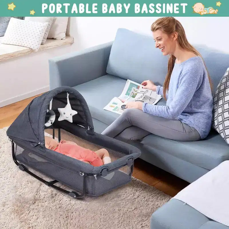 Acekool 5-in-1 Pack and Play Bedside Sleeper with Bassinet, Diaper Changer & Toy, Portable Crib Playard for Newborn to Toddler, Grey