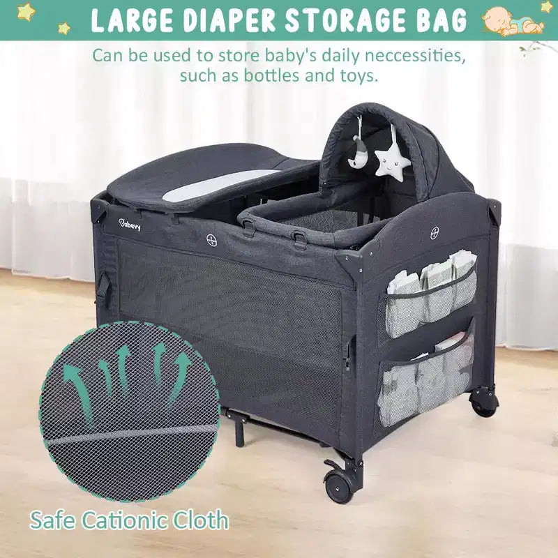 Acekool 5-in-1 Pack and Play Bedside Sleeper with Bassinet, Diaper Changer & Toy, Portable Crib Playard for Newborn to Toddler, Grey
