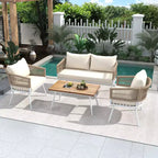 GDFStudio Shaun 4 Piece Boho Patio Conversation Set with Acacia Wood Coffee Table and Metal Seating