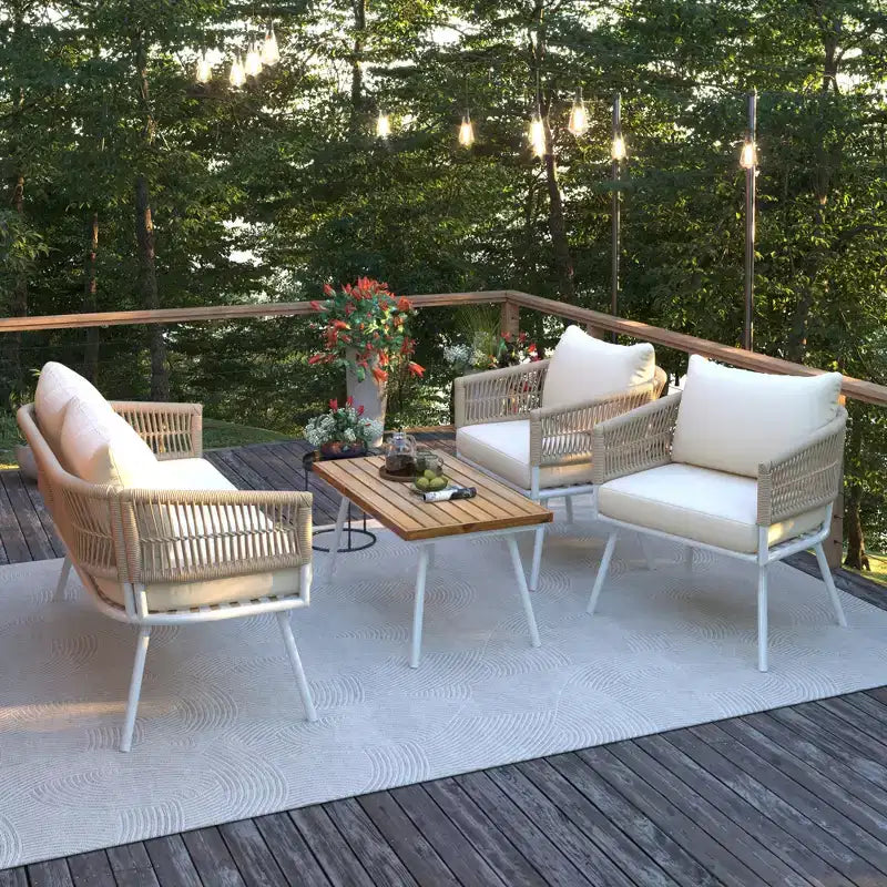 GDFStudio Shaun 4 Piece Boho Patio Conversation Set with Acacia Wood Coffee Table and Metal Seating