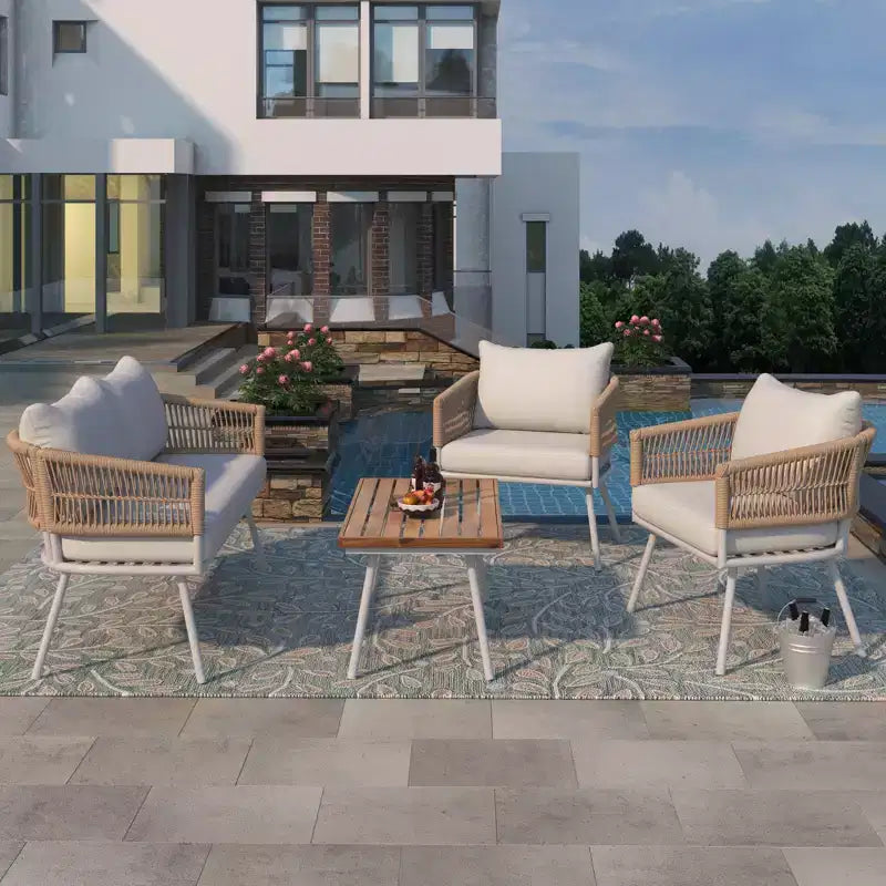 GDFStudio Shaun 4 Piece Boho Patio Conversation Set with Acacia Wood Coffee Table and Metal Seating