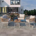 GDFStudio Shaun 4 Piece Boho Patio Conversation Set with Acacia Wood Coffee Table and Metal Seating