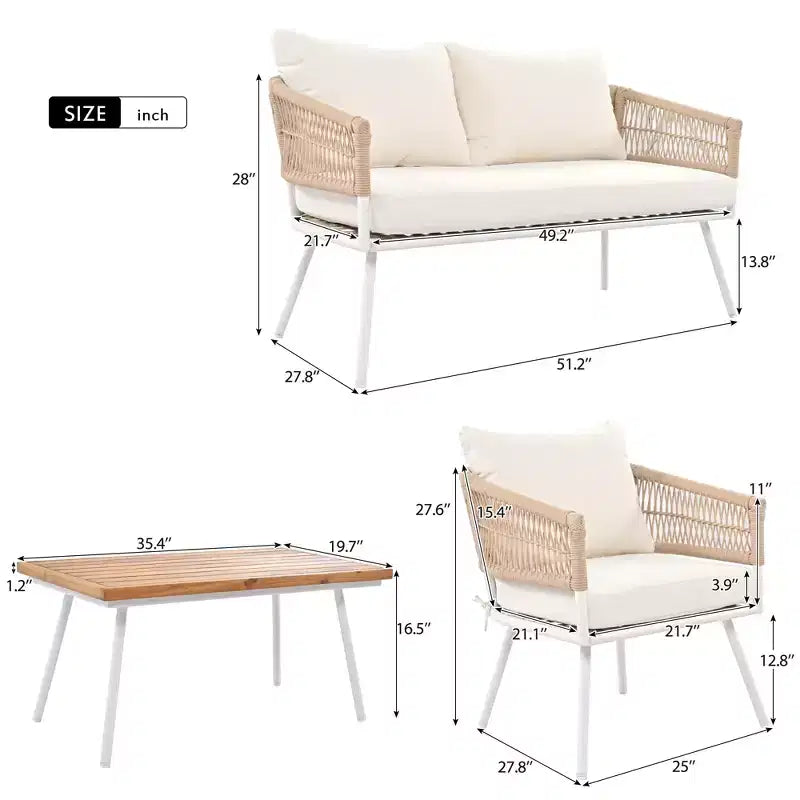 GDFStudio Shaun 4 Piece Boho Patio Conversation Set with Acacia Wood Coffee Table and Metal Seating
