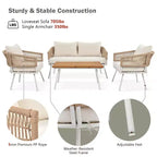 GDFStudio Shaun 4 Piece Boho Patio Conversation Set with Acacia Wood Coffee Table and Metal Seating