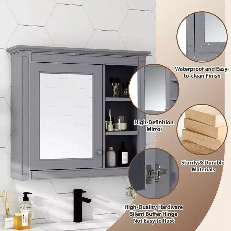 CASAINC 30 x 28 Bathroom Medicine Cabinet with Mirror and 3 Open Shelves, Wall-Mounted (No Vanity)