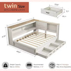 AMERLIFE Corner Bed Frame with Bookcase Headboard and Storage Drawers, LED Lights & Charging Station, Farmhouse Wood Daybed, No Box Spring Needed