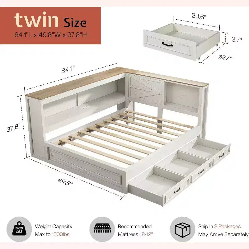 AMERLIFE Corner Bed Frame with Bookcase Headboard and Storage Drawers, LED Lights & Charging Station, Farmhouse Wood Daybed, No Box Spring Needed