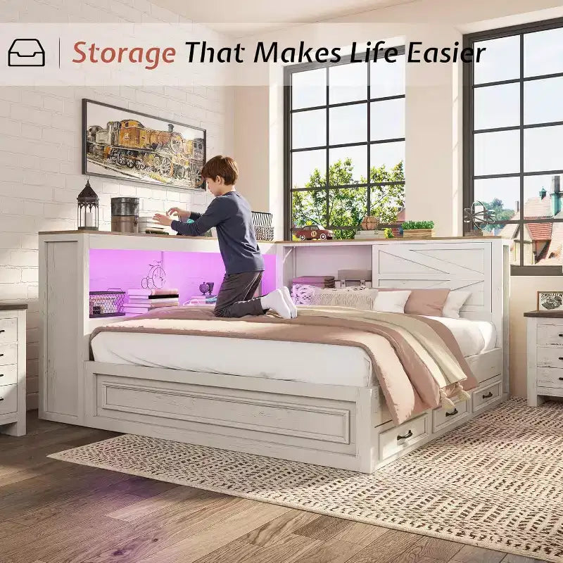 AMERLIFE Corner Bed Frame with Bookcase Headboard and Storage Drawers, LED Lights & Charging Station, Farmhouse Wood Daybed, No Box Spring Needed