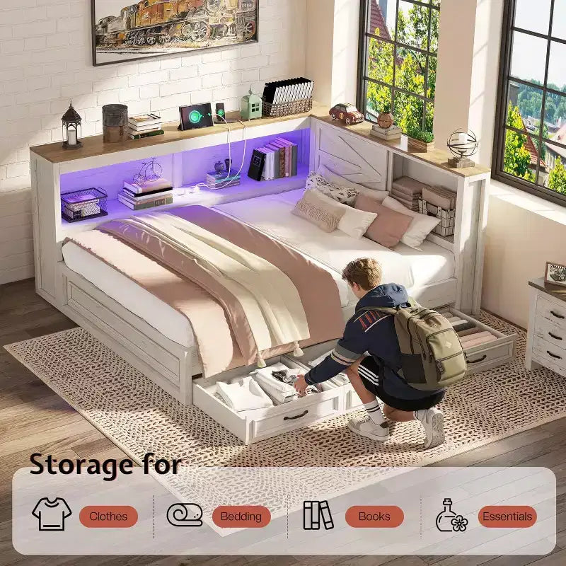 AMERLIFE Corner Bed Frame with Bookcase Headboard and Storage Drawers, LED Lights & Charging Station, Farmhouse Wood Daybed, No Box Spring Needed