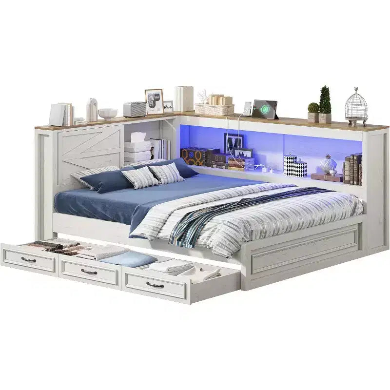 AMERLIFE Corner Bed Frame with Bookcase Headboard and Storage Drawers, LED Lights & Charging Station, Farmhouse Wood Daybed, No Box Spring Needed