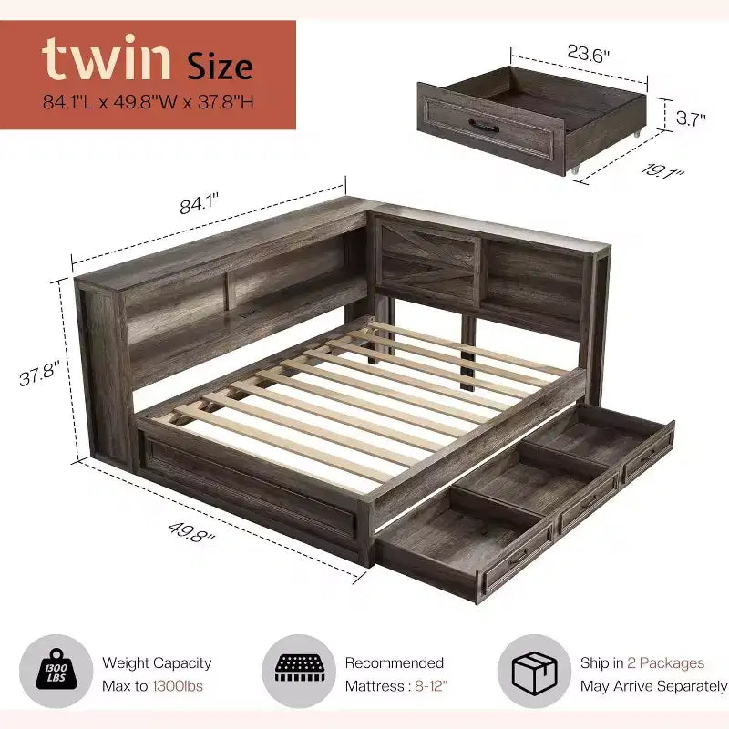 AMERLIFE Corner Bed Frame with Bookcase Headboard and Storage Drawers, LED Lights & Charging Station, Farmhouse Wood Daybed, No Box Spring Needed