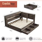 AMERLIFE Corner Bed Frame with Bookcase Headboard and Storage Drawers, LED Lights & Charging Station, Farmhouse Wood Daybed, No Box Spring Needed