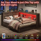 AMERLIFE Corner Bed Frame with Bookcase Headboard and Storage Drawers, LED Lights & Charging Station, Farmhouse Wood Daybed, No Box Spring Needed