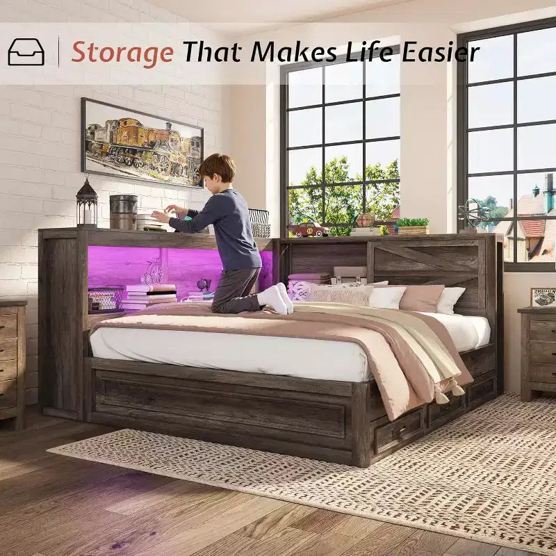 Cadre de lit d'angle AMERLIFE avec tête de lit bibliothèque et tiroirs de rangement, lumières LED et station de charge, lit de jour en bois de style ferme, sommier tapissier non requis