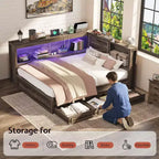 AMERLIFE Corner Bed Frame with Bookcase Headboard and Storage Drawers, LED Lights & Charging Station, Farmhouse Wood Daybed, No Box Spring Needed