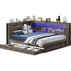 AMERLIFE Corner Bed Frame with Bookcase Headboard and Storage Drawers, LED Lights & Charging Station, Farmhouse Wood Daybed, No Box Spring Needed