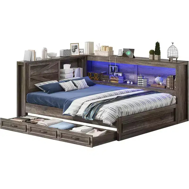 AMERLIFE Corner Bed Frame with Bookcase Headboard and Storage Drawers, LED Lights & Charging Station, Farmhouse Wood Daybed, No Box Spring Needed