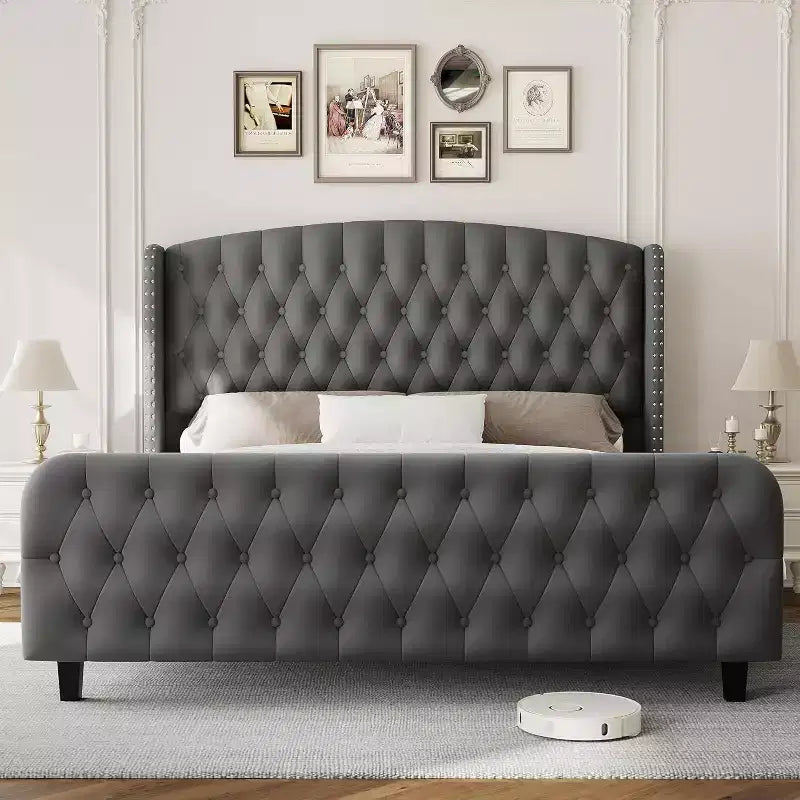 51 Tall Bed Frame with Deep Button Tufted Wingback Headboard and Footboard, Velvet Upholstered Platform Bed Frame, Easy Assemble
