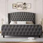 51 Tall Bed Frame with Deep Button Tufted Wingback Headboard and Footboard, Velvet Upholstered Platform Bed Frame, Easy Assemble