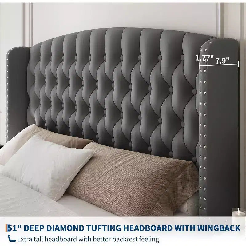 51 Tall Bed Frame with Deep Button Tufted Wingback Headboard and Footboard, Velvet Upholstered Platform Bed Frame, Easy Assemble