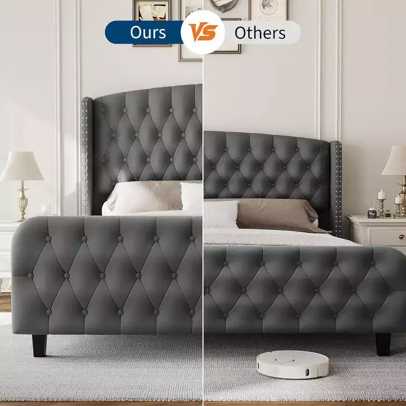 51 Tall Bed Frame with Deep Button Tufted Wingback Headboard and Footboard, Velvet Upholstered Platform Bed Frame, Easy Assemble