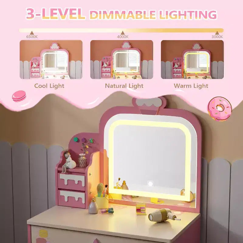 JOYMOR Kids Vanity Table and Chair Set with Lights ,Girls Makeup Vanity with 3 Drawers, LED Mirror & Sweet Treats Design