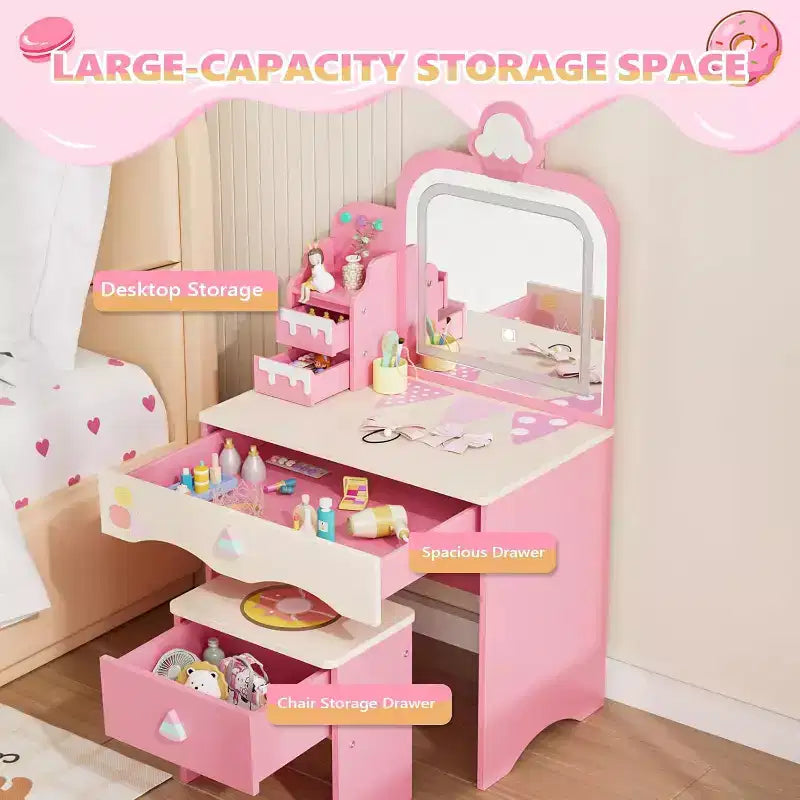 JOYMOR Kids Vanity Table and Chair Set with Lights ,Girls Makeup Vanity with 3 Drawers, LED Mirror & Sweet Treats Design