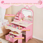 JOYMOR Kids Vanity Table and Chair Set with Lights ,Girls Makeup Vanity with 3 Drawers, LED Mirror & Sweet Treats Design