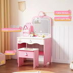 JOYMOR Kids Vanity Table and Chair Set with Lights ,Girls Makeup Vanity with 3 Drawers, LED Mirror & Sweet Treats Design