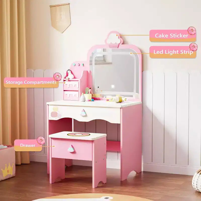 JOYMOR Kids Vanity Table and Chair Set with Lights ,Girls Makeup Vanity with 3 Drawers, LED Mirror & Sweet Treats Design