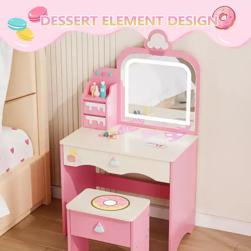 JOYMOR Kids Vanity Table and Chair Set with Lights ,Girls Makeup Vanity with 3 Drawers, LED Mirror & Sweet Treats Design