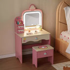 JOYMOR Kids Vanity Table and Chair Set with Lights ,Girls Makeup Vanity with 3 Drawers, LED Mirror & Sweet Treats Design