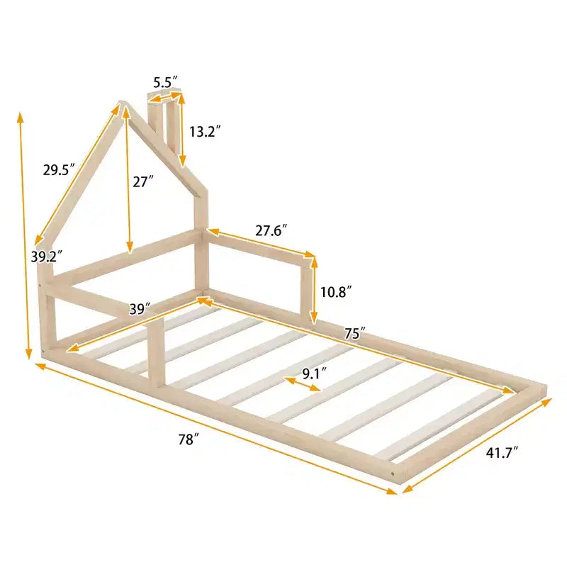 Lit au sol pour enfants en bois robuste, taille double, tête de lit en forme de chalet avec cheminée, cadre de lit pour tout-petits, aucun sommier tapissier requis, lit plateforme en bois