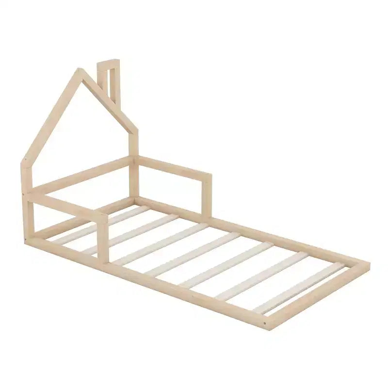 Lit au sol pour enfants en bois robuste, taille double, tête de lit en forme de chalet avec cheminée, cadre de lit pour tout-petits, aucun sommier tapissier requis, lit plateforme en bois