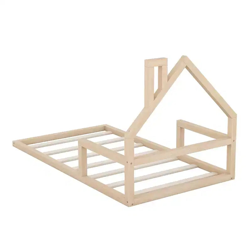 Lit au sol pour enfants en bois robuste, taille double, tête de lit en forme de chalet avec cheminée, cadre de lit pour tout-petits, aucun sommier tapissier requis, lit plateforme en bois