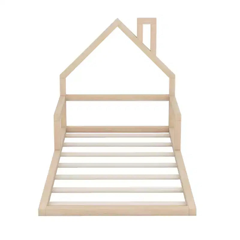 Lit au sol pour enfants en bois robuste, taille double, tête de lit en forme de chalet avec cheminée, cadre de lit pour tout-petits, aucun sommier tapissier requis, lit plateforme en bois