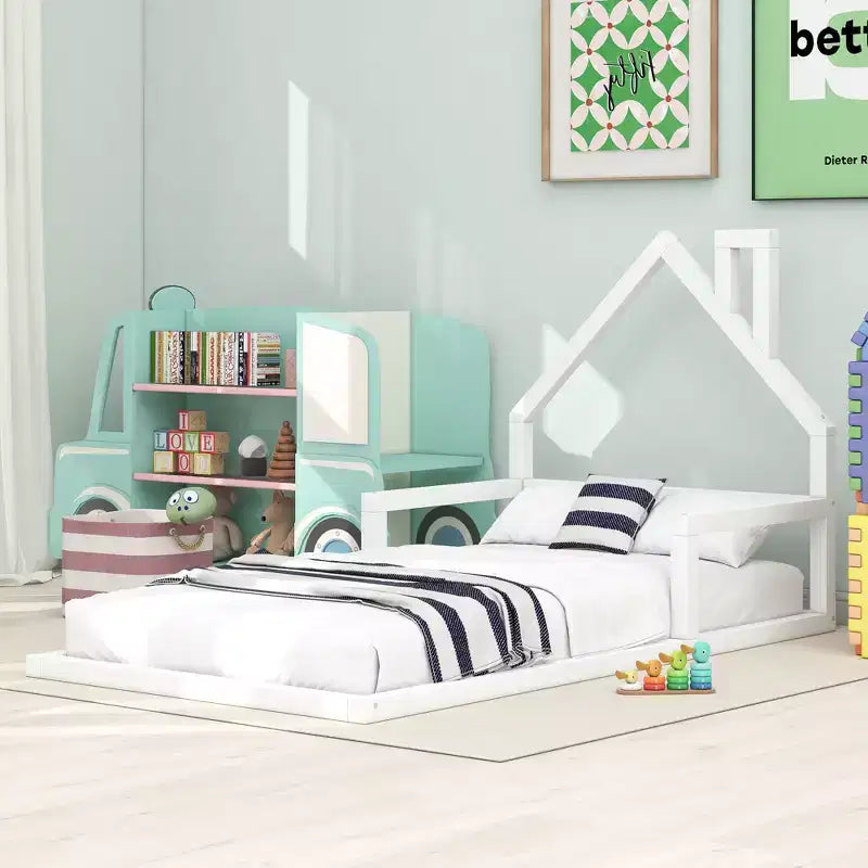 Lit au sol pour enfants en bois robuste, taille double, tête de lit en forme de chalet avec cheminée, cadre de lit pour tout-petits, aucun sommier tapissier requis, lit plateforme en bois
