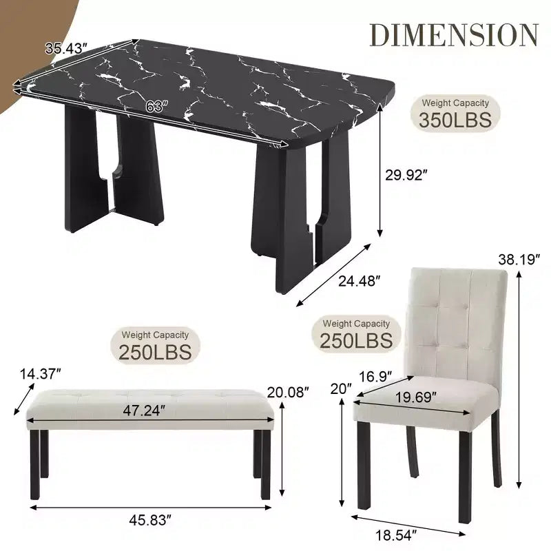 MAYEERTY 6-Piece Modern Dining Set, 63 Faux Marble Table, 4 Chairs & Bench