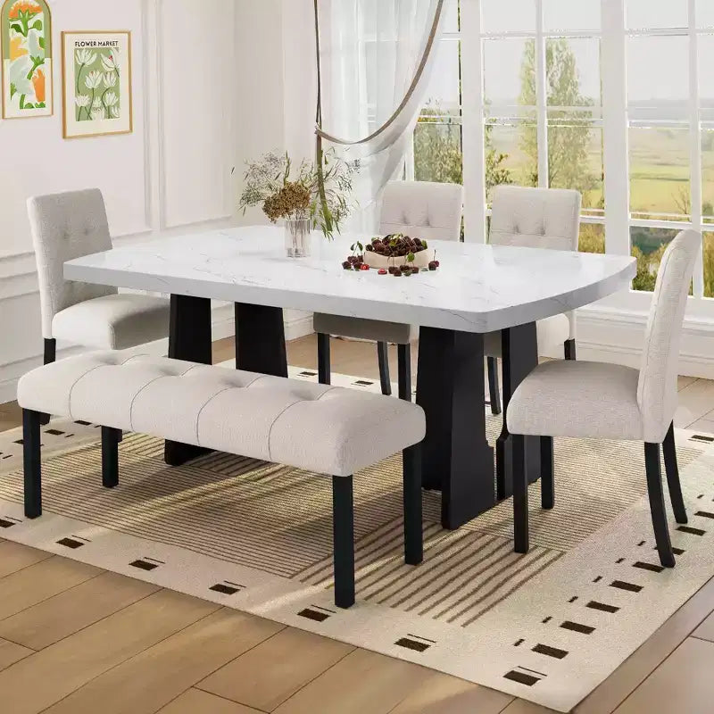 MAYEERTY 6-Piece Modern Dining Set, 63 Faux Marble Table, 4 Chairs & Bench