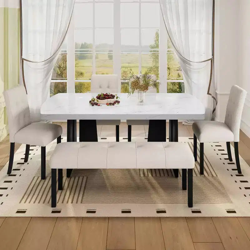 MAYEERTY 6-Piece Modern Dining Set, 63 Faux Marble Table, 4 Chairs & Bench