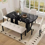 MAYEERTY 6-Piece Modern Dining Set, 63 Faux Marble Table, 4 Chairs & Bench