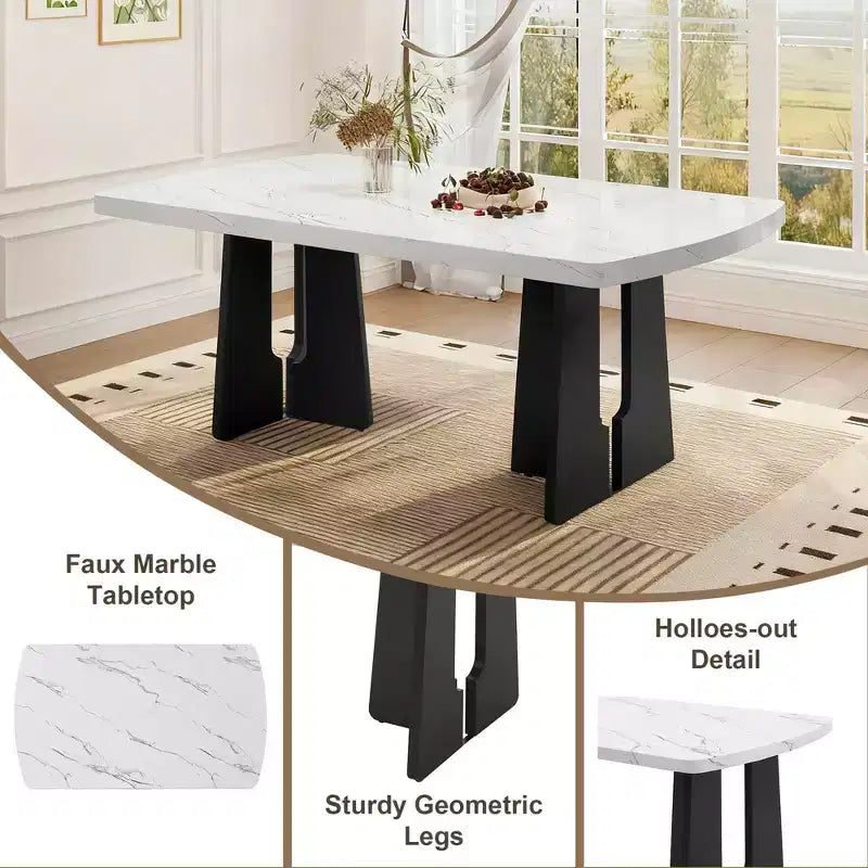 MAYEERTY 6-Piece Modern Dining Set, 63 Faux Marble Table, 4 Chairs & Bench